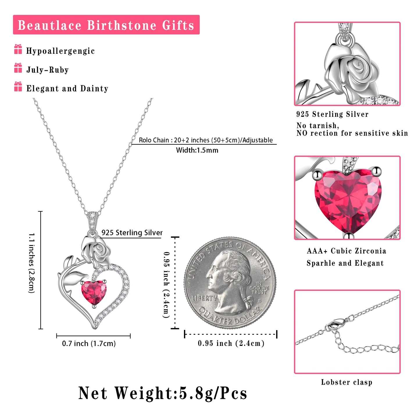 925 Sterling Silver Birthstone Necklace Rose Flower Heart Pendant Jewelry Christmas Valentines Mother'S Day Gifts for Women Mom Wife/Lover