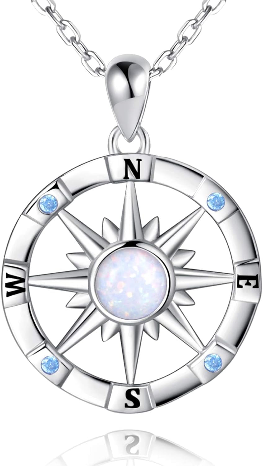 Sterling-Silver Opal Compass Necklace for Women - Inspirational Nautical Dream Compass Pendant，Created Opal Necklaces for Women Mother'S Day and Graduation Jewelry Gifts (Opal and CZ)