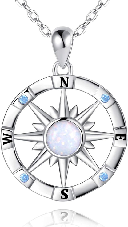 Sterling-Silver Opal Compass Necklace for Women - Inspirational Nautical Dream Compass Pendant，Created Opal Necklaces for Women Mother'S Day and Graduation Jewelry Gifts (Opal and CZ)