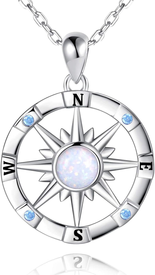 Sterling-Silver Opal Compass Necklace for Women - Inspirational Nautical Dream Compass Pendant，Created Opal Necklaces for Women Mother'S Day and Graduation Jewelry Gifts (Opal and CZ)