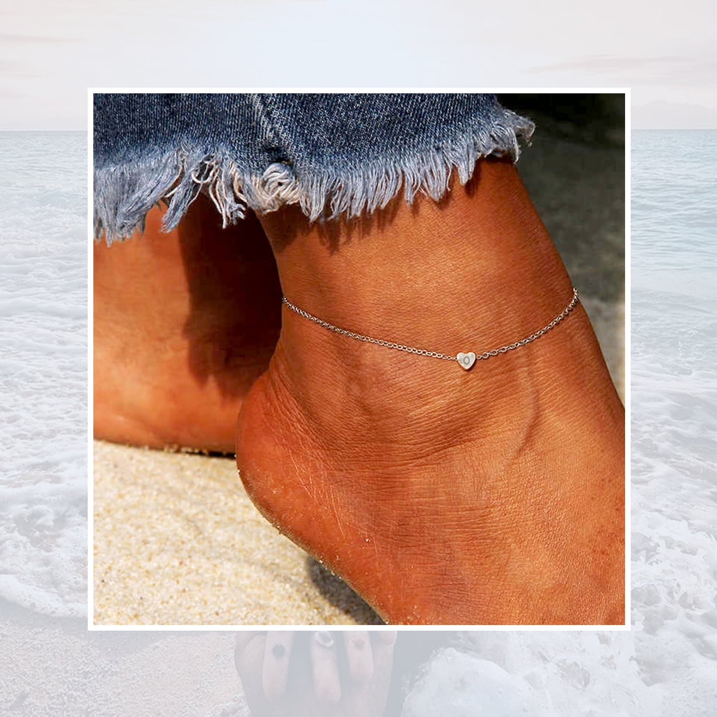 Heart Initial Ankle Bracelets for Women Letter P Sterling Silver Waterproof Anklet Summer Beach Jewelry
