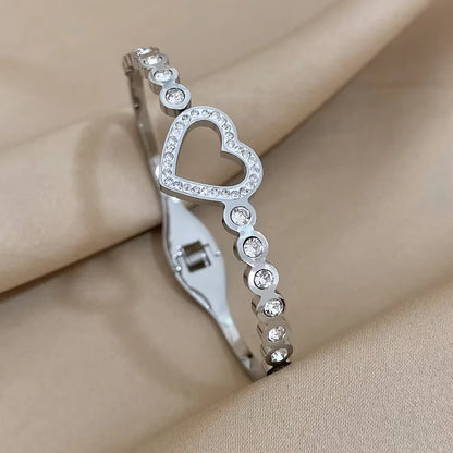 Love Matching Bracelet Femme Luxe Rhinestone Heart Stainless Steel Bangle 18K Gold Plated Couple Charm Bracelets Jewelry Gift