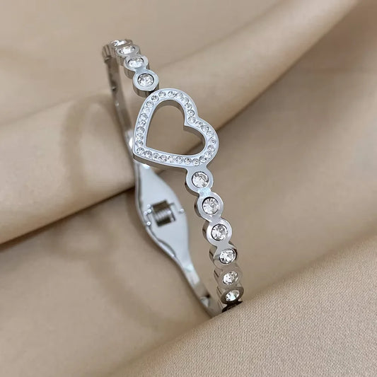 Love Matching Bracelet Femme Luxe Rhinestone Heart Stainless Steel Bangle 18K Gold Plated Couple Charm Bracelets Jewelry Gift