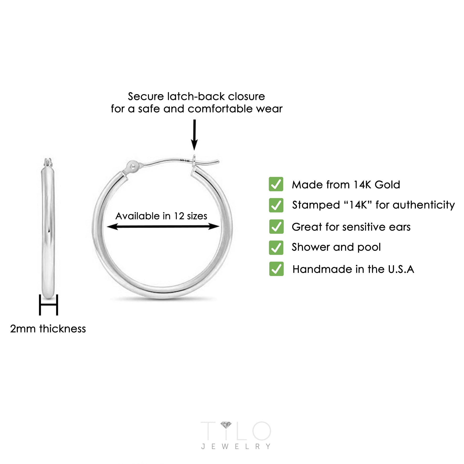 14K White Gold Classic Polished round Gold Hoop Earrings (12Mm) for Women & Unisex