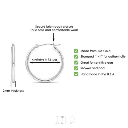 14K White Gold Classic Polished round Gold Hoop Earrings (12Mm) for Women & Unisex