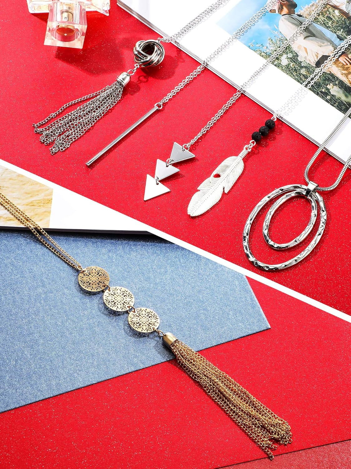12 Pieces Long Pendant Necklace Set Y Tassel Leaf Circle Bar Necklace for Women