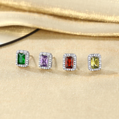 Square Diamond Stud Earrings May Emerald Birthstone Earrings, Sterling Silver Earrings Birthday Jewelry Gift for Women