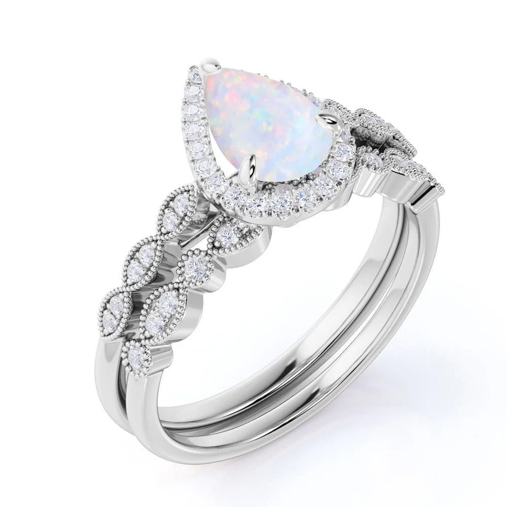 Vintage 1.5 Carat Pear Cut Opal and Moissanite Wedding Ring Set in 18K White Gold over Silver