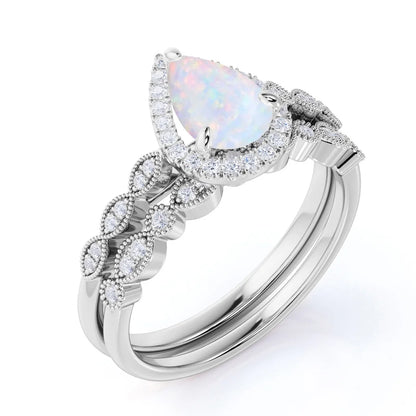 Vintage 1.5 Carat Pear Cut Opal and Moissanite Wedding Ring Set in 18K White Gold over Silver