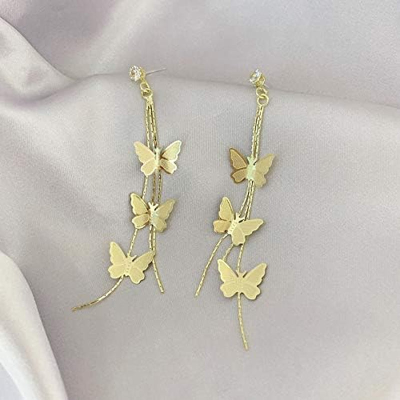 18K Gold Plated Dainty Vivid Butterfly Tassel Earrings Silver Post CZ 3D Butterfly Drop Dangle Earrings Fairy Earrings for Women Girls