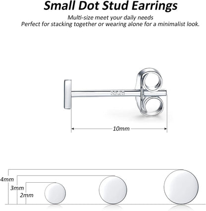 Sterling Silver Stud Earrings for Women, Tiny Flat Dot Earrings Set | Small Hypoallergenic Circle Stud Earrings | Dainty round Tragus Cartilage Studs for Men (2Mm/3Mm/4Mm)
