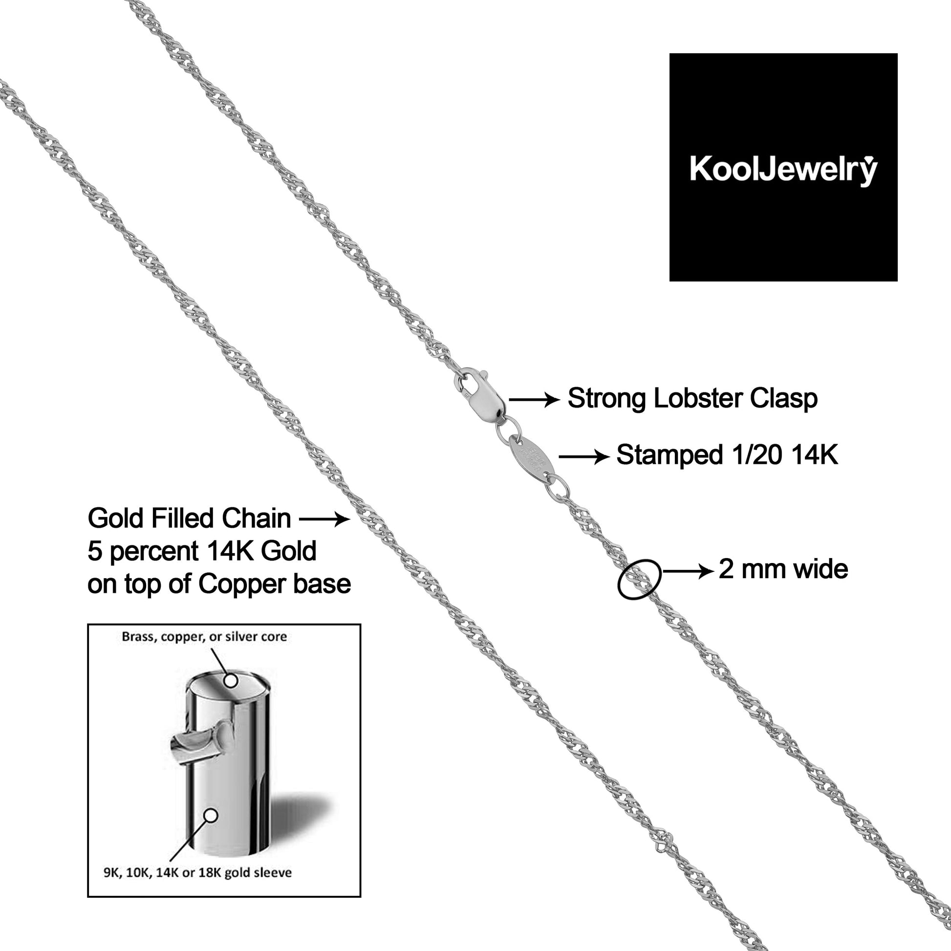 Kooljewelry 14K White Gold Filled Singapore Chain Necklace (2 Mm, 18 Inch)