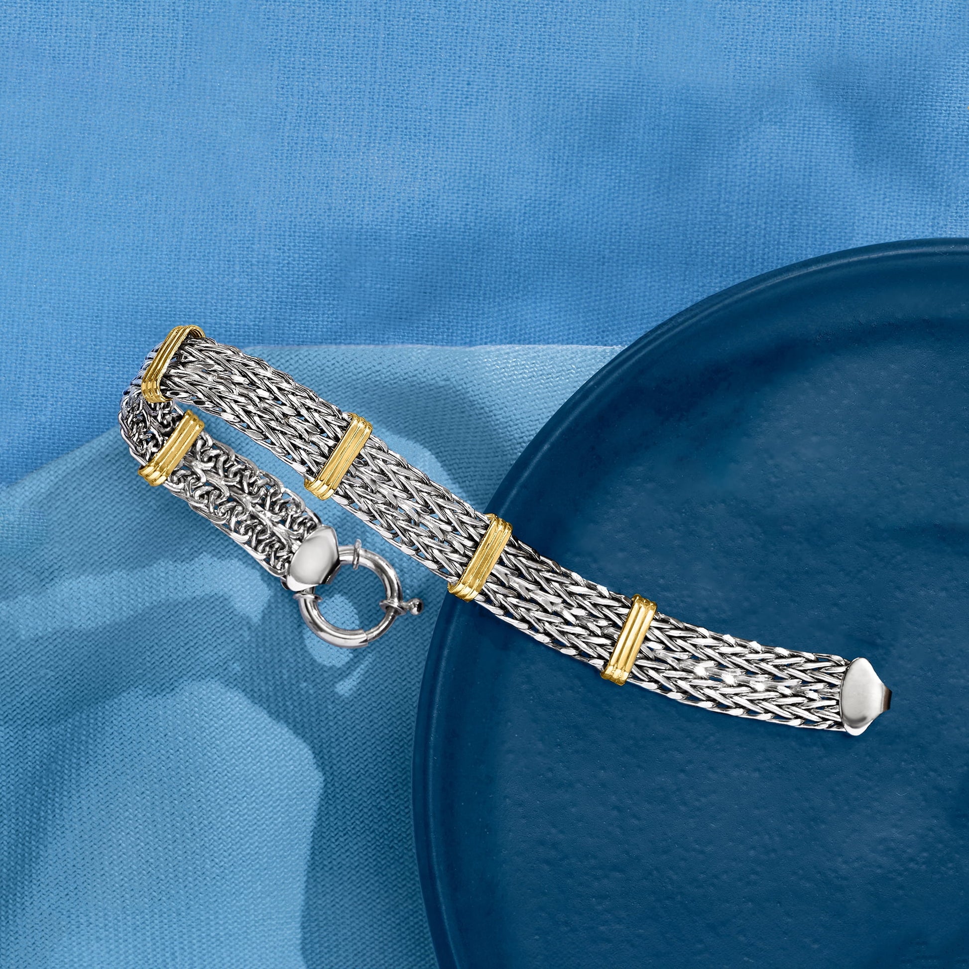 Two-Tone Double Wheat-Link Bracelet in Sterling Silver and 14Kt Gold over Sterling, Women'S, Adult