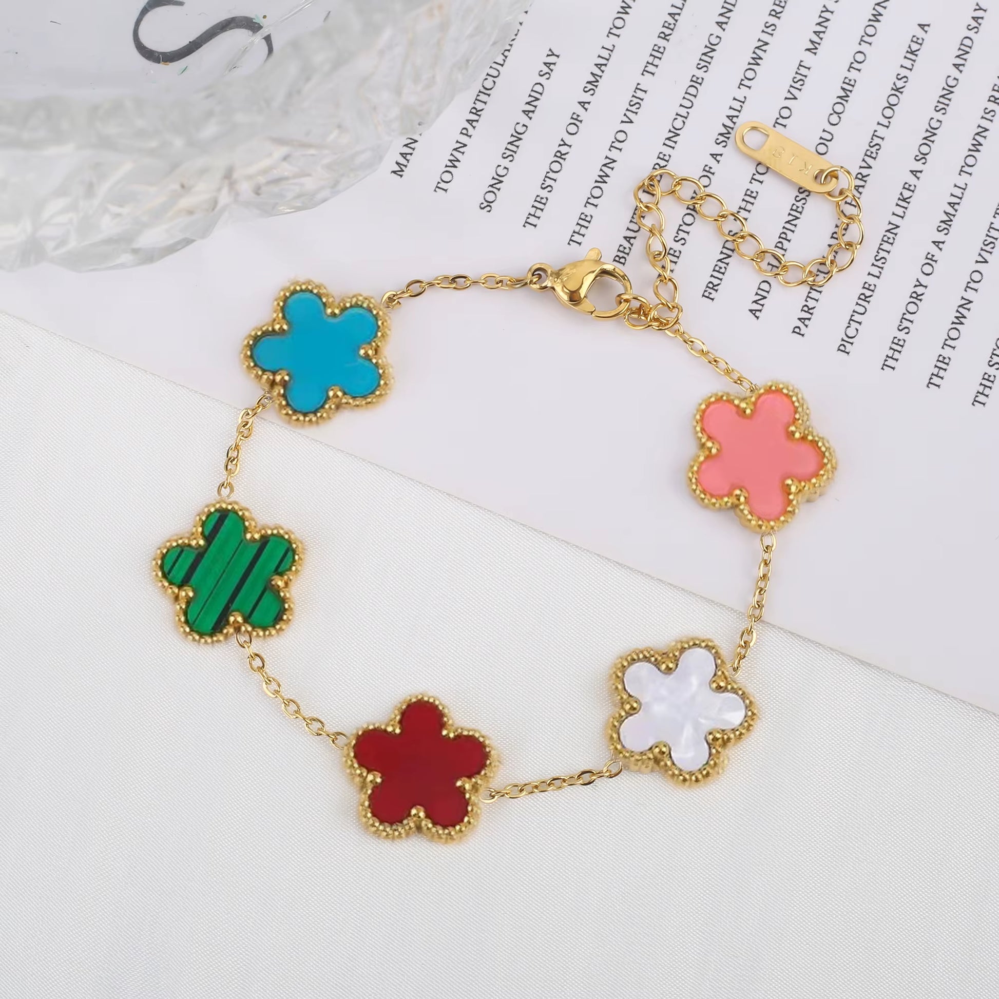 Trend Clover Bracelet for Women Girls 14K Gold Plated Stainless Steel Five Leaf Flower Dainty Lucky Link Bracelets Party Jewelry