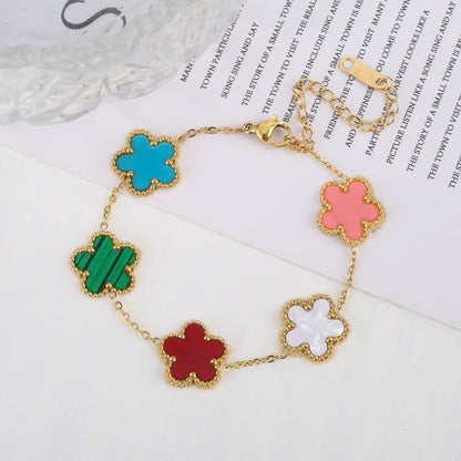 Trend Clover Bracelet for Women Girls 14K Gold Plated Stainless Steel Five Leaf Flower Dainty Lucky Link Bracelets Party Jewelry
