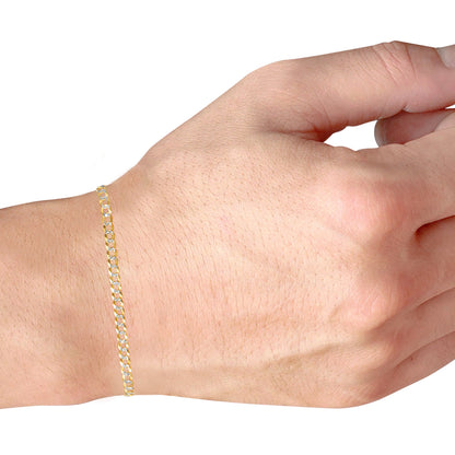 10K Real Yellow Gold Solid Cuban Curb Link 4Mm Diamond Cut Pave Chain Bracelet (7"-9") Two Tone Italian Jewelry for Men & Women