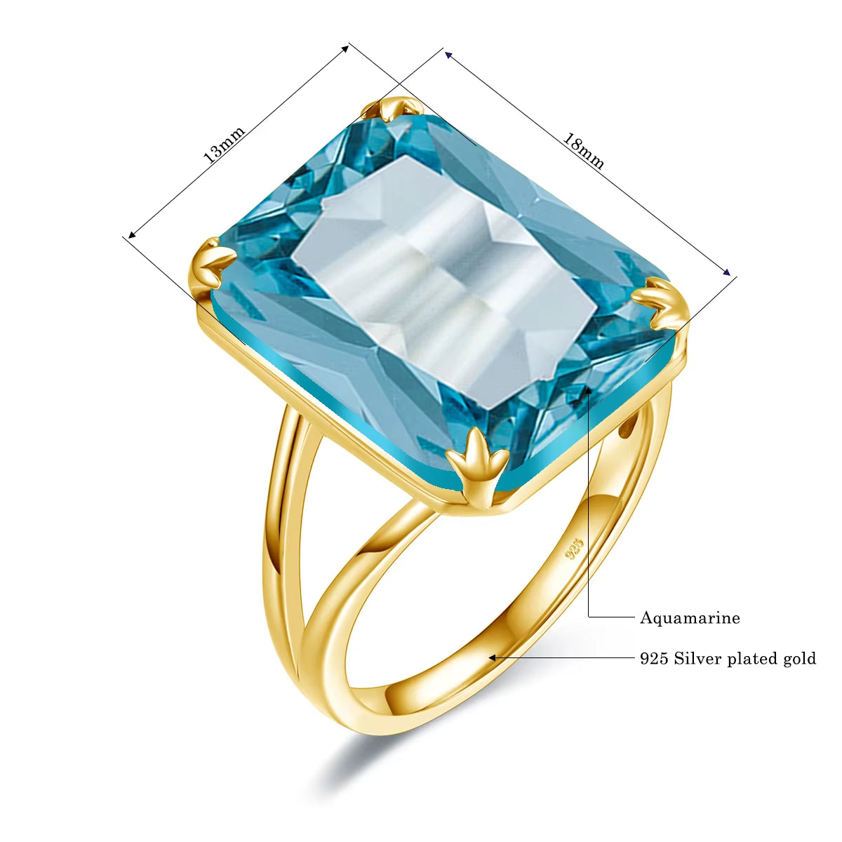 Classic Aquamarine Ring 925 Sterling Sliver Rings for Women Gold Plated Gemstone Vintage Luxury Party Gift Female Fine Jewelry