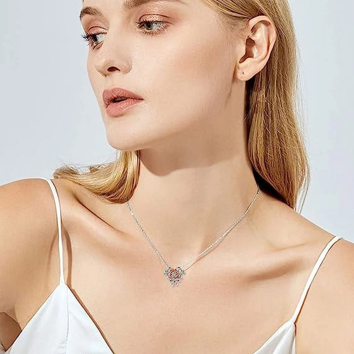 925 Sterling Silver Rose Necklace for Women Rose Flower Heart Pendant Necklace Fine Jewelry for Women