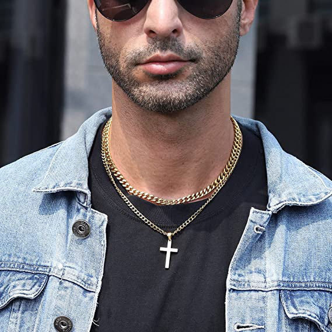 Layered Gold Cross Necklaces for Men Stainless Steel Cuban Curb Link Pendant Chain Necklaces Set Graduation Father'S Day Jewelry Gifts Ideas Dad Husband Son Teen Teenage Age