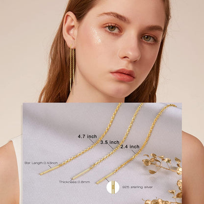 3 Pairs Threader Earrings 925 Sterling Silver Long Chain Earrings Bar/Ball Wrap Threader Drop Earrings for Women Lightweight Minimalist Mother'S Day Jewelry Set
