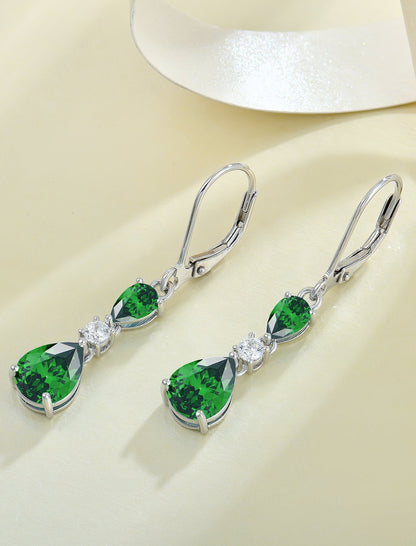 925 Sterling Silver Teardrop Earrings with 7X9Mm Created Emerald Birthstones, Dangle Earrings with Leverback for Women Jewelry Gifts