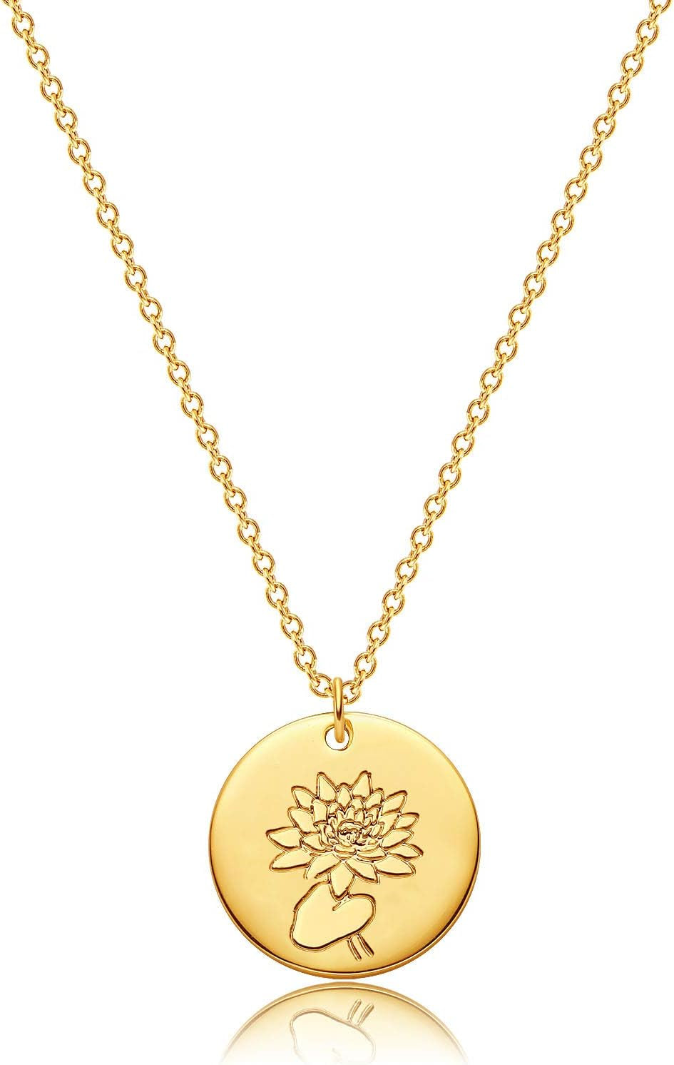 Birth Flower Necklace 18K Gold Custom Floral Pendant Necklaces Dainty Birth Month Flower Disc Hand Stamped Necklace Personalized Jewelry Birthday Gift