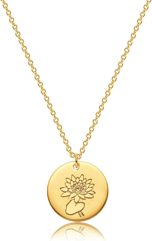 Birth Flower Necklace 18K Gold Custom Floral Pendant Necklaces Dainty Birth Month Flower Disc Hand Stamped Necklace Personalized Jewelry Birthday Gift