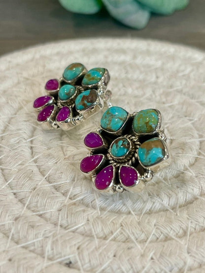 Handmade Sterling Silver, Pink Onyx and Turquoise