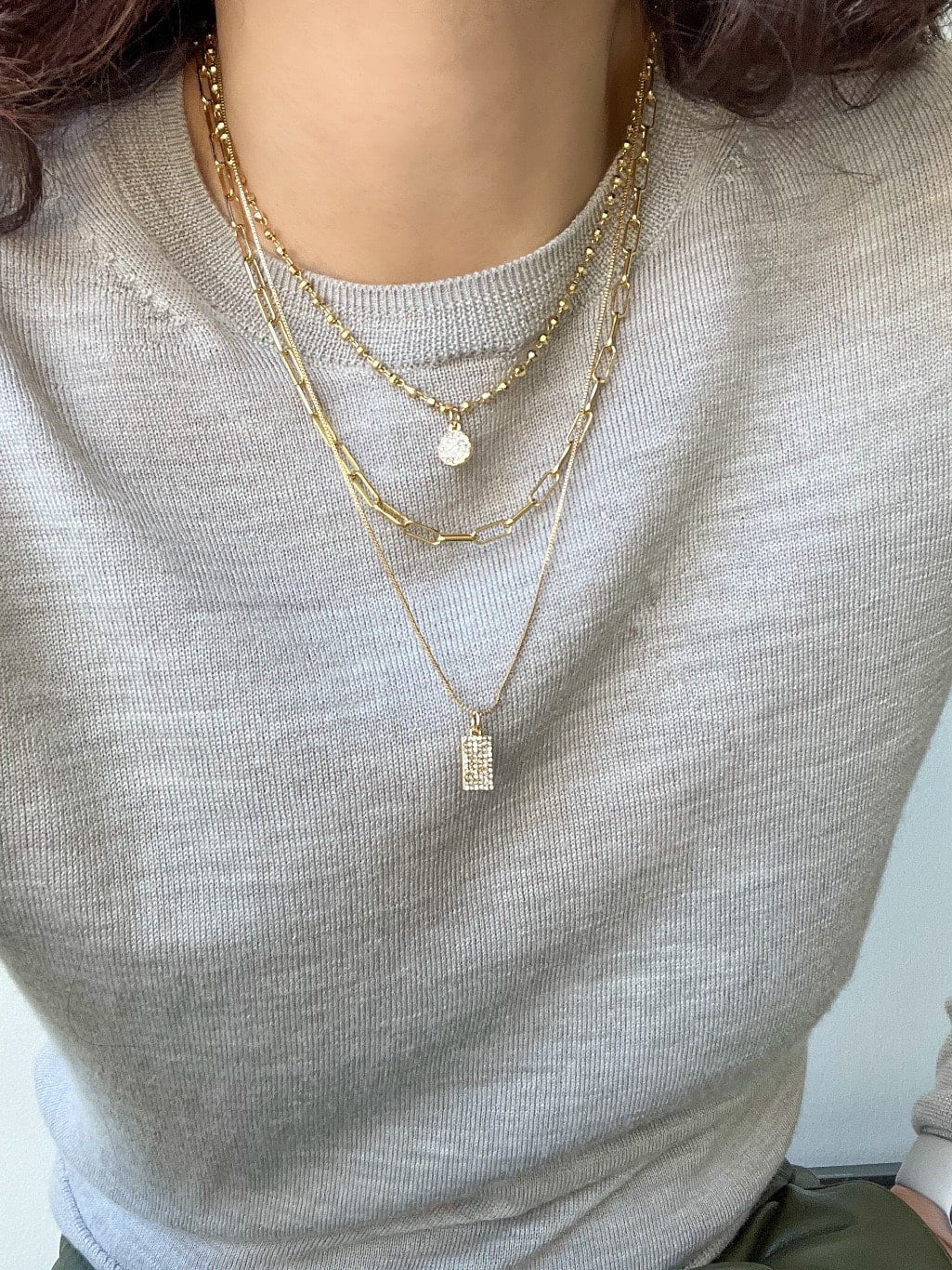 Gold Layered Necklace Set, Triple Layer Charm Necklace with Detangler Clasp, Pave Crystal 3 Strand Necklace, Gift for Her