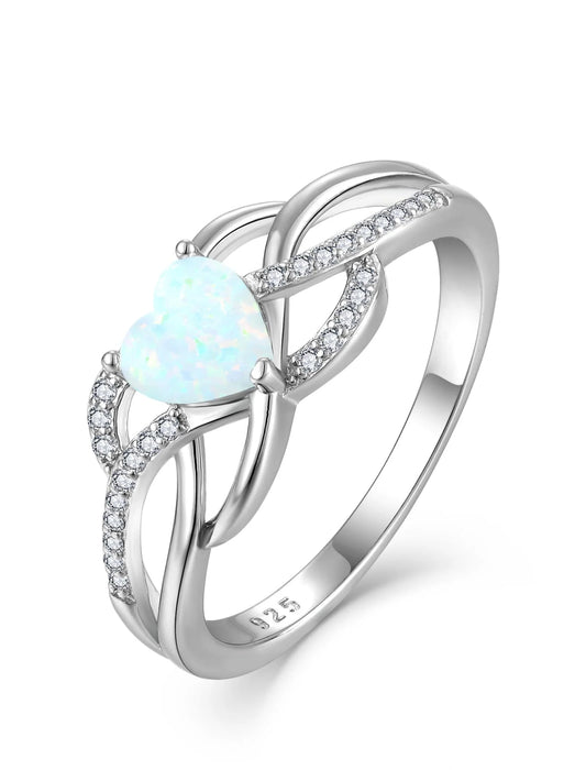 Celtic Knot Rings Infinity Twisted Rings, 925 Sterling Silver Heart Statement Rings White Opal Jewelry for Women Gift Size 5