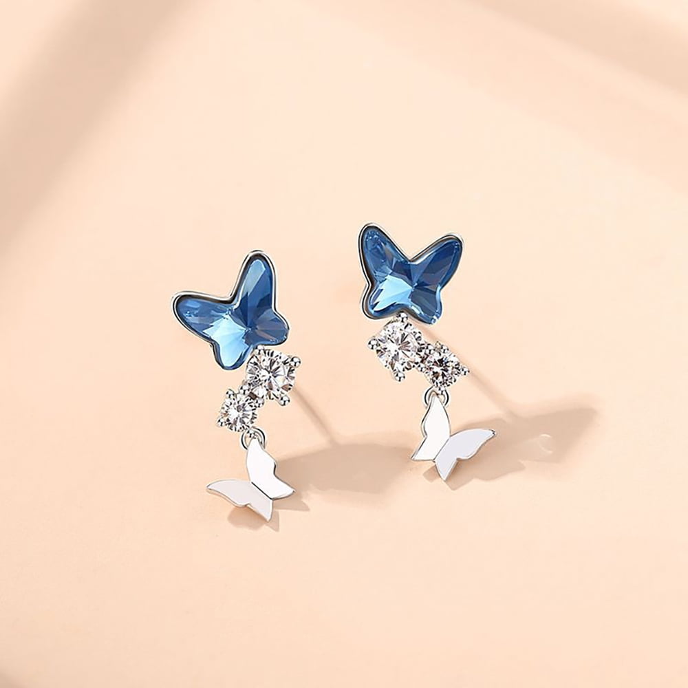 Butterfly Drop Earrings for Women Blue Crystal Sterling Silver