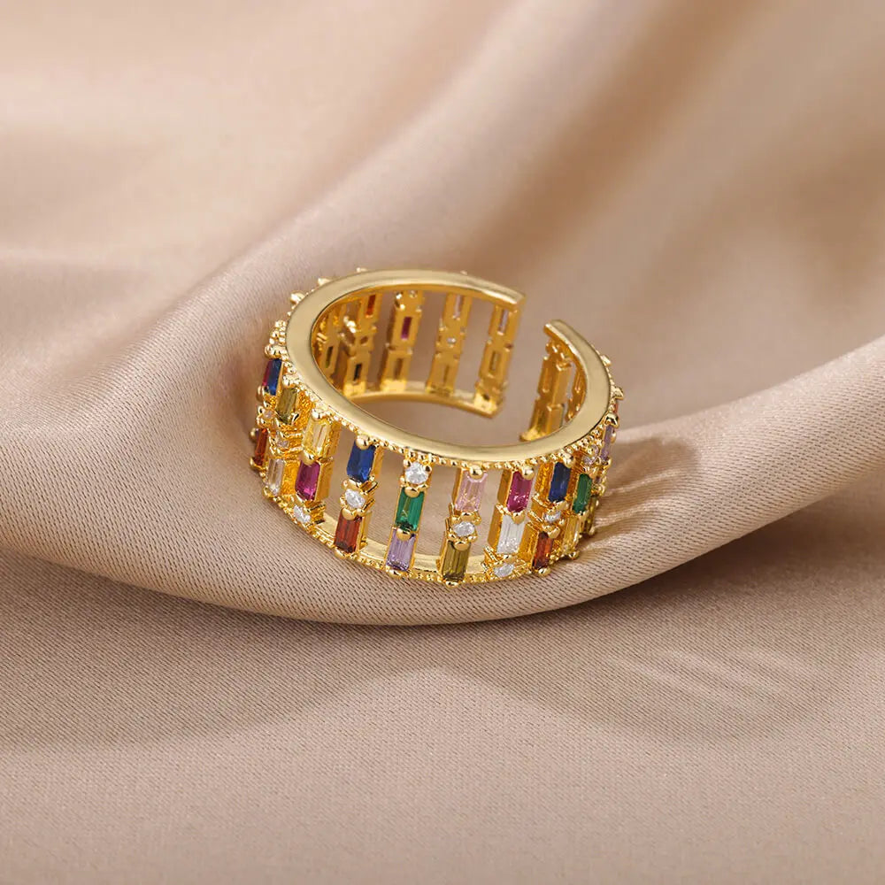 Rainbow Zircon Rings for Women Stainless Steel Gold Color Geometric Adjustable Ring Wedding Aesthetic Jewelry Gift Bijoux Femme