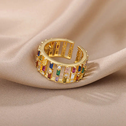 Rainbow Zircon Rings for Women Stainless Steel Gold Color Geometric Adjustable Ring Wedding Aesthetic Jewelry Gift Bijoux Femme