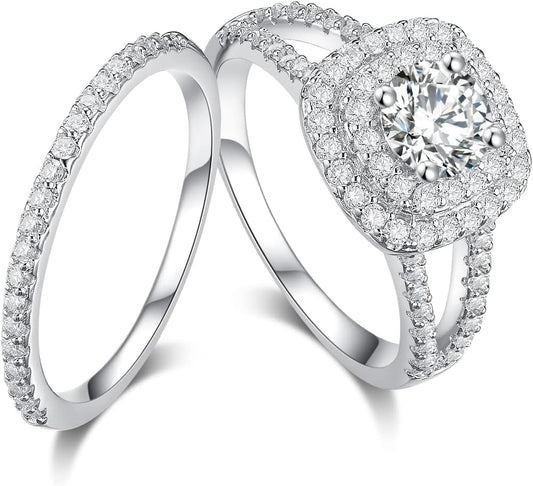 2 Ct Cushion Halo Engagement Wedding Ring Set Platinum-Plated Sterling Silver Engagement Rings for Women Bridal Set 2 Piece Ring Sets Moissanite Anniversary Promise Rings for Her (Available in Size 6, 7, 8, 9)