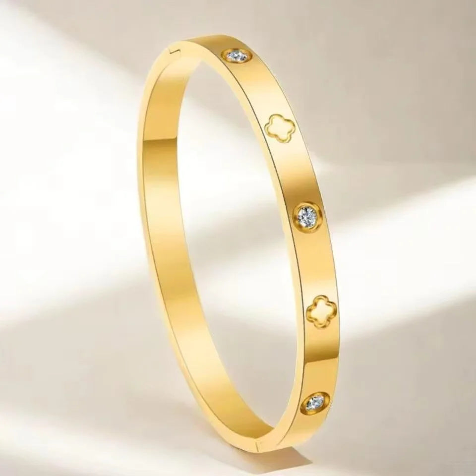 Trendy Shining Zircon Bracelets for Women Clover Print Love Pulseiras Stainless Steel Bangles Feminina Jewelry Gift