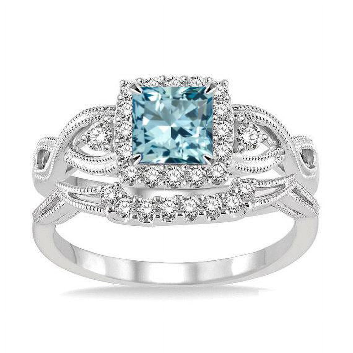 Filigree 1.75 Carat Princess Cut Created Aquamarine and Moissanite Wedding Ring Set in 18K White Gold over Silver