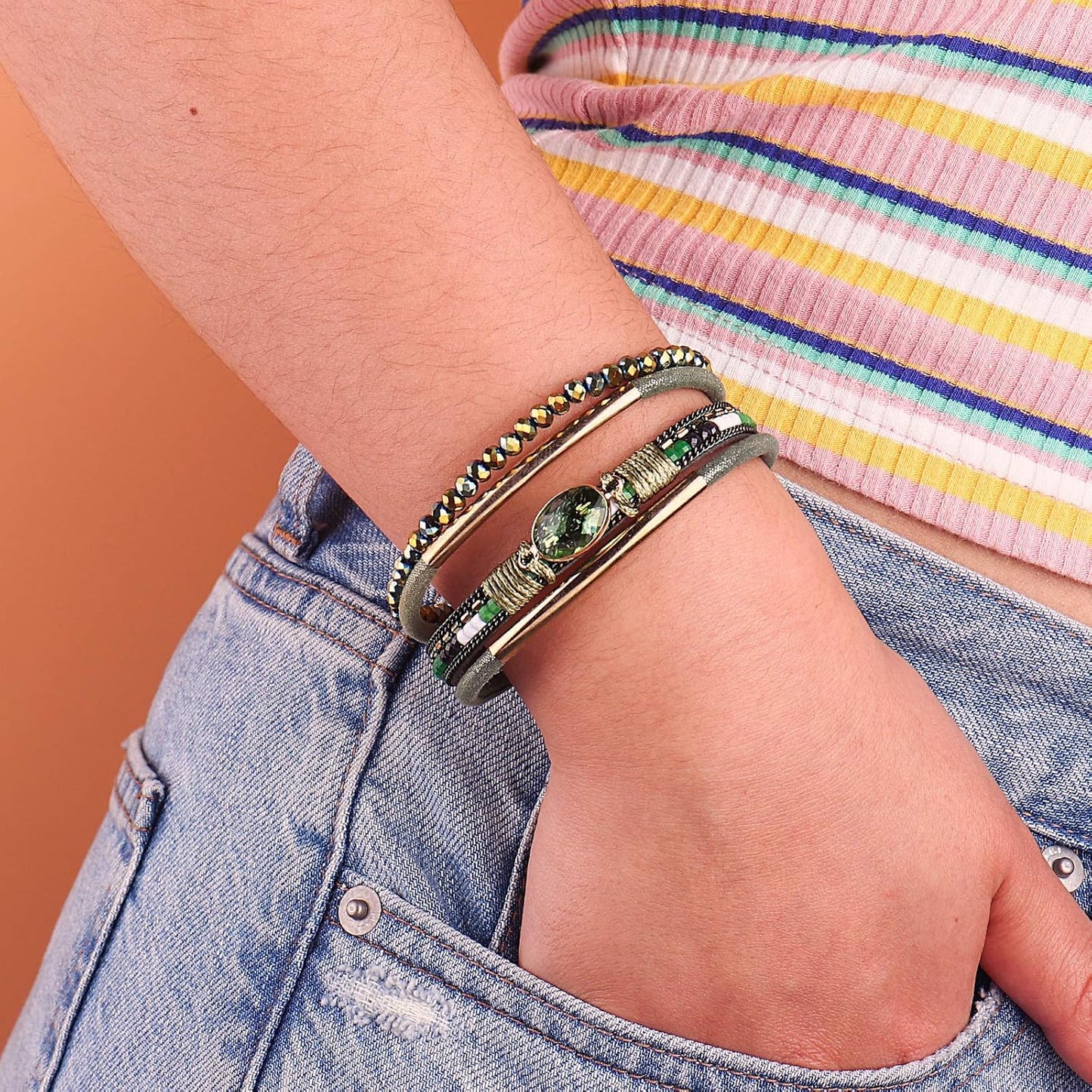 Leather Wrap Bracelets Crystal Beads Bracelet Boho Cuff Stone Charm Bracelets with Clasp Costume Jewelry for Women