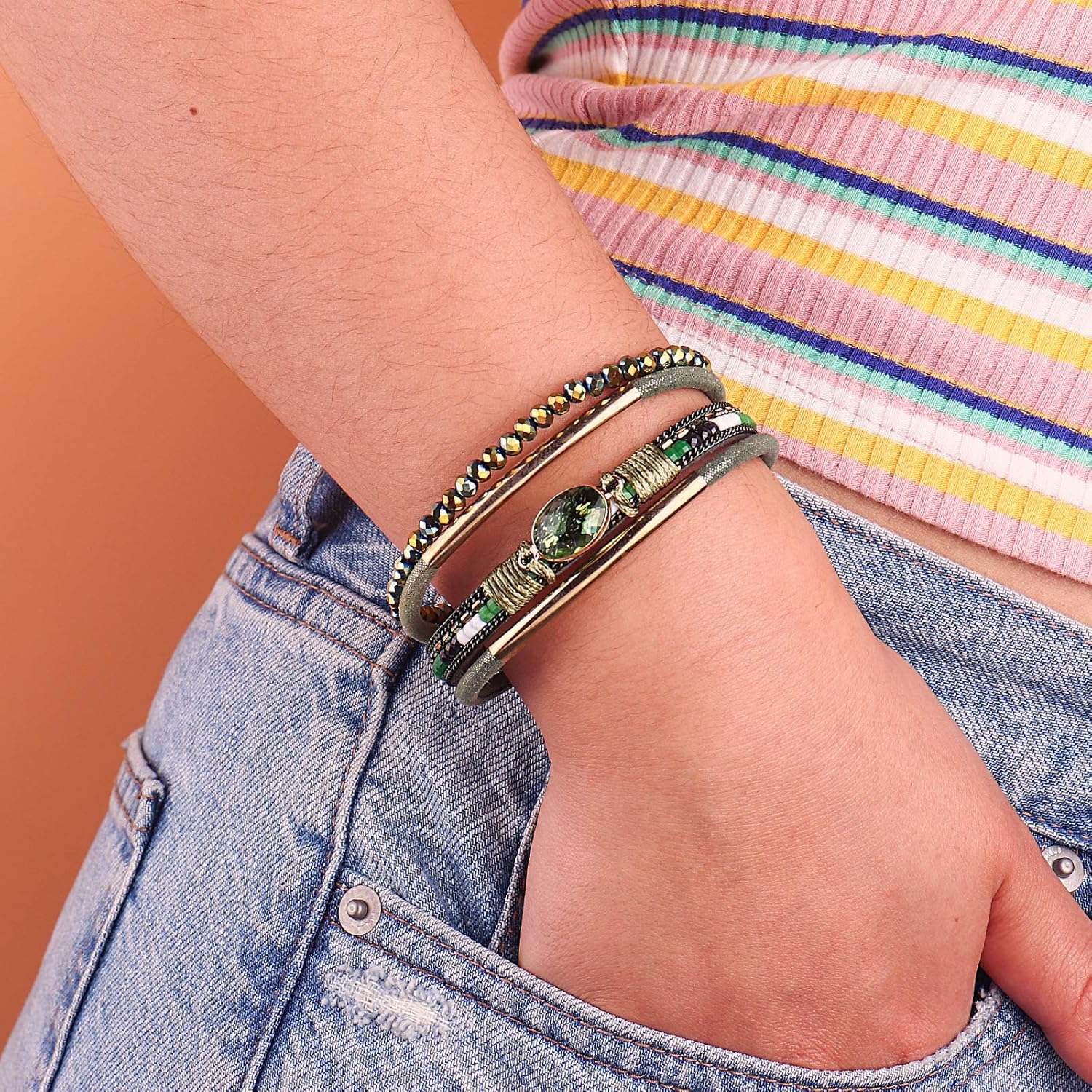 Leather Wrap Bracelets Crystal Beads Bracelet Boho Cuff Stone Charm Bracelets with Clasp Costume Jewelry for Women