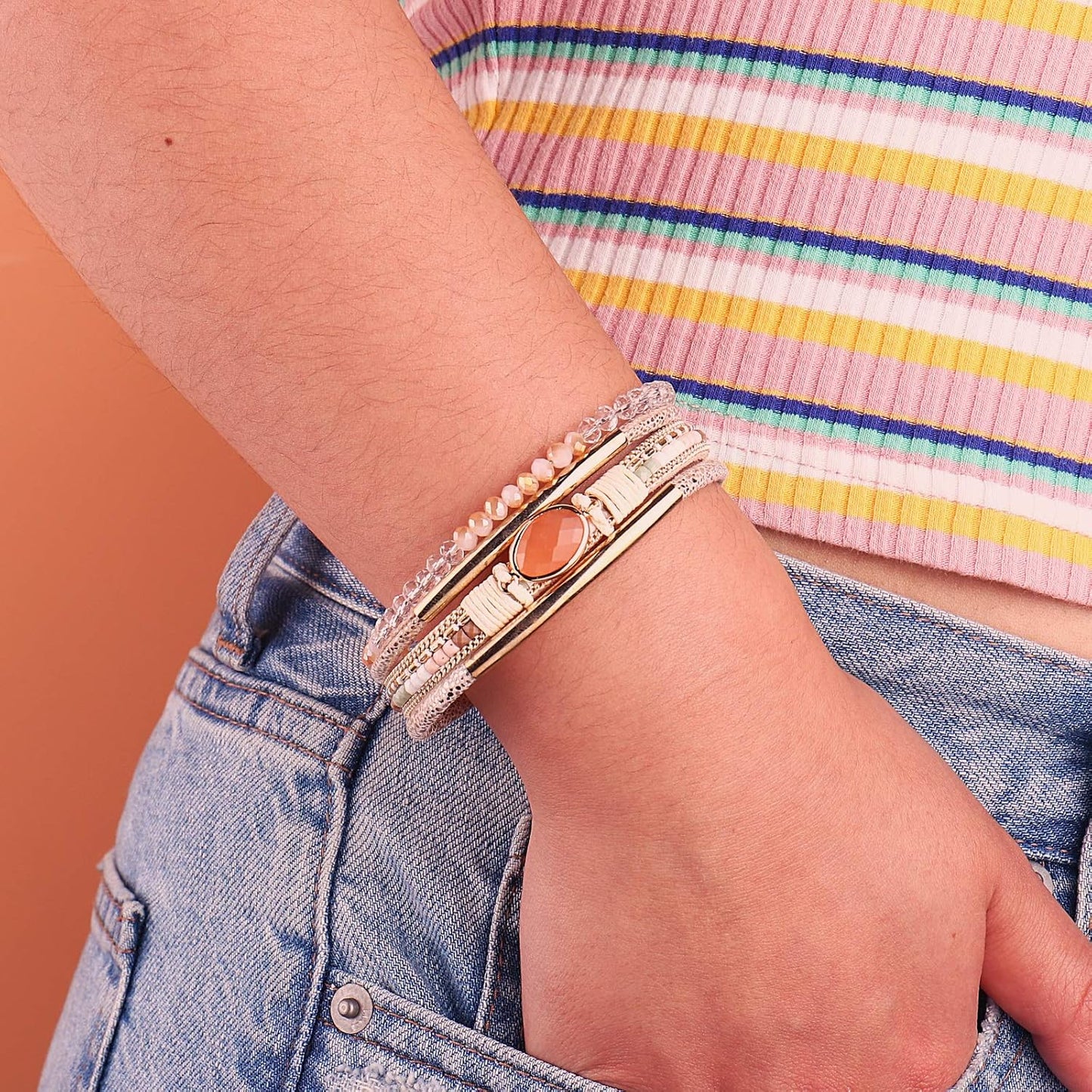 Leather Wrap Bracelets Crystal Beads Bracelet Boho Cuff Stone Charm Bracelets with Clasp Costume Jewelry for Women