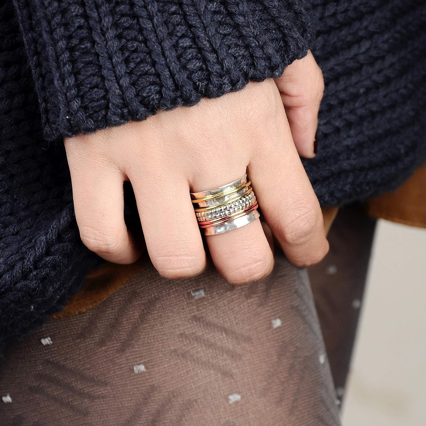925 Sterling Silver Spinner Ring with Brass and Copper Fidget Rings for Women Wide Band