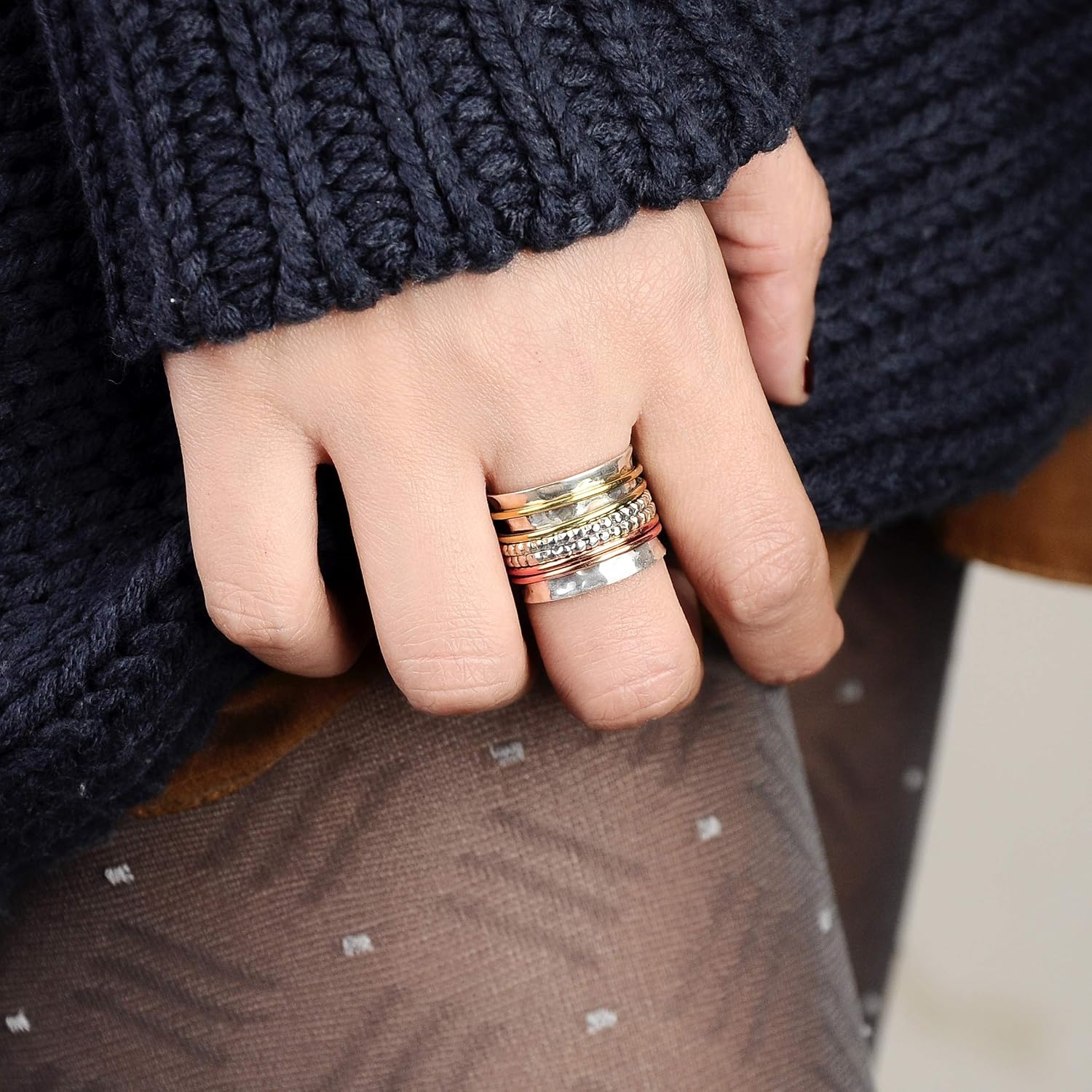 925 Sterling Silver Spinner Ring with Brass and Copper Fidget Rings for Women Wide Band