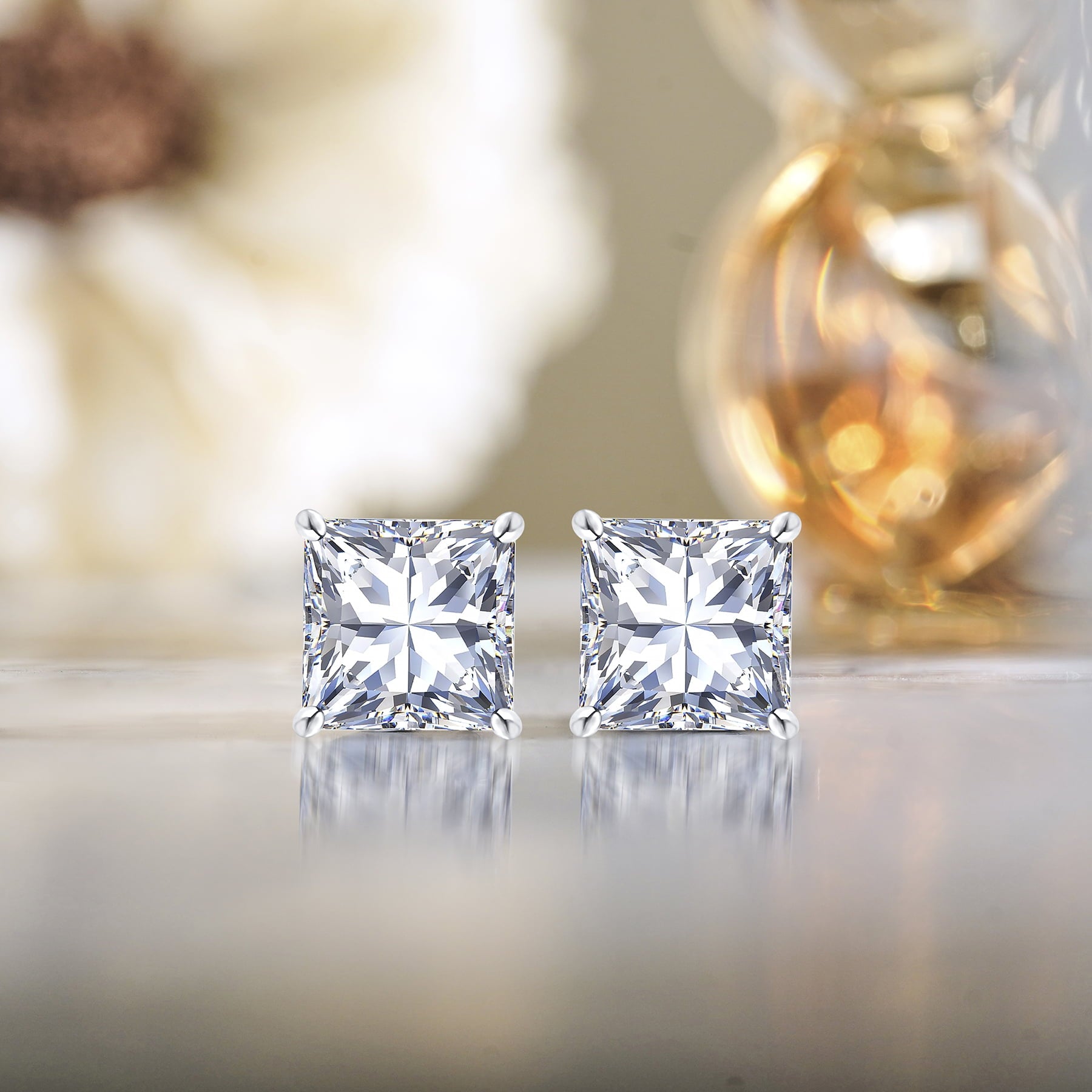 2 Carat Princess Cut Moissanite 4 Prong Solitaire Stud Earrings in 18K White Gold Plating for Women