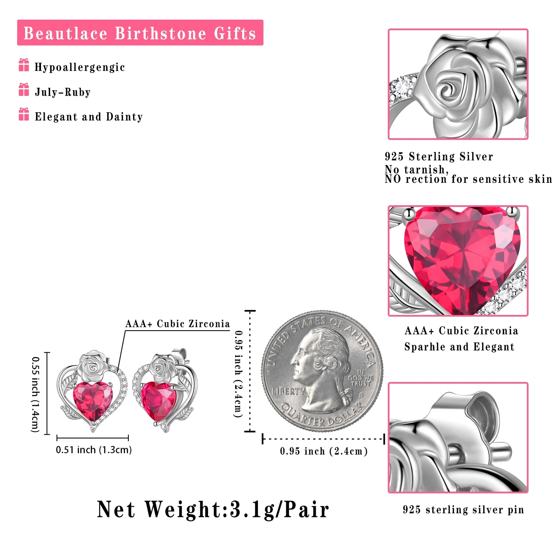 Rose Heart Birthstone Earrings,July Birthstone Rose Flower Heart Earrings Studs 925 Sterling Silver Jewelry Gifts for Women