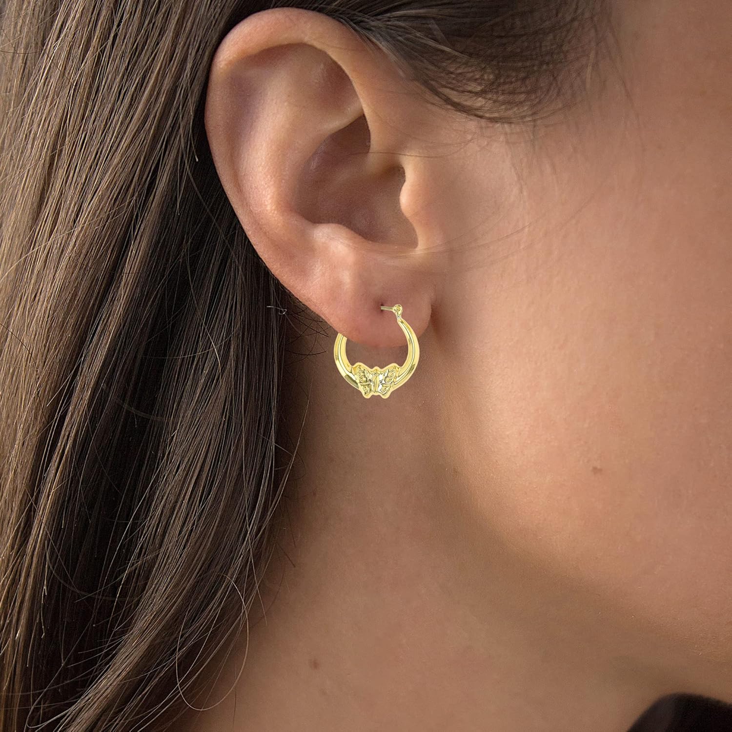 14K Yellow Gold Fancy Hoop Earrings with Hinged Clasp | Cat and Butterfly | Earrings for Sensitive Ears | Yellow Gold Hoops | Solid Gold Earrings for Women