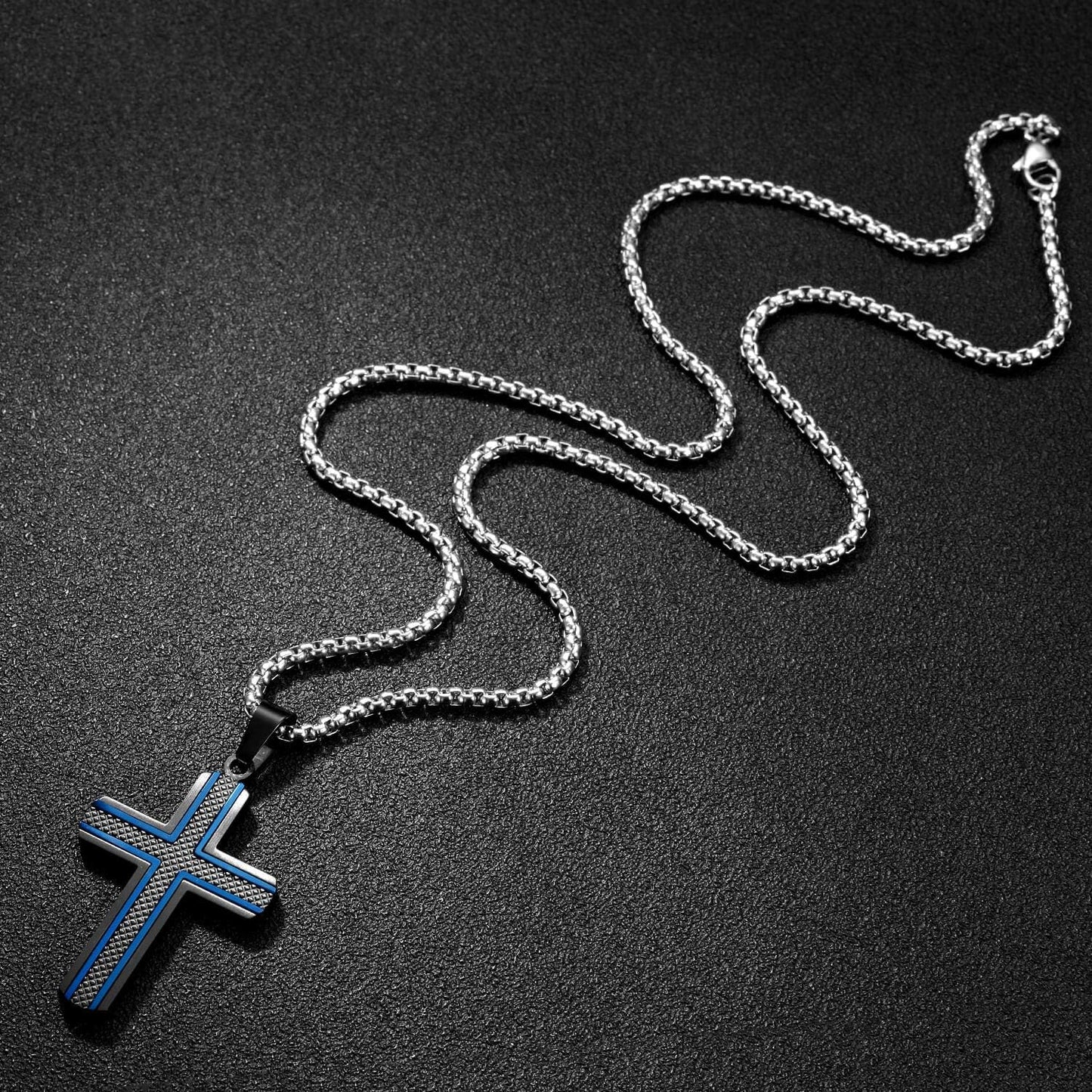 Men'S Stainless Steel Cross Necklace,Two-Tone Black & Blue Carbon Fiber Pendant - Included Gift Box