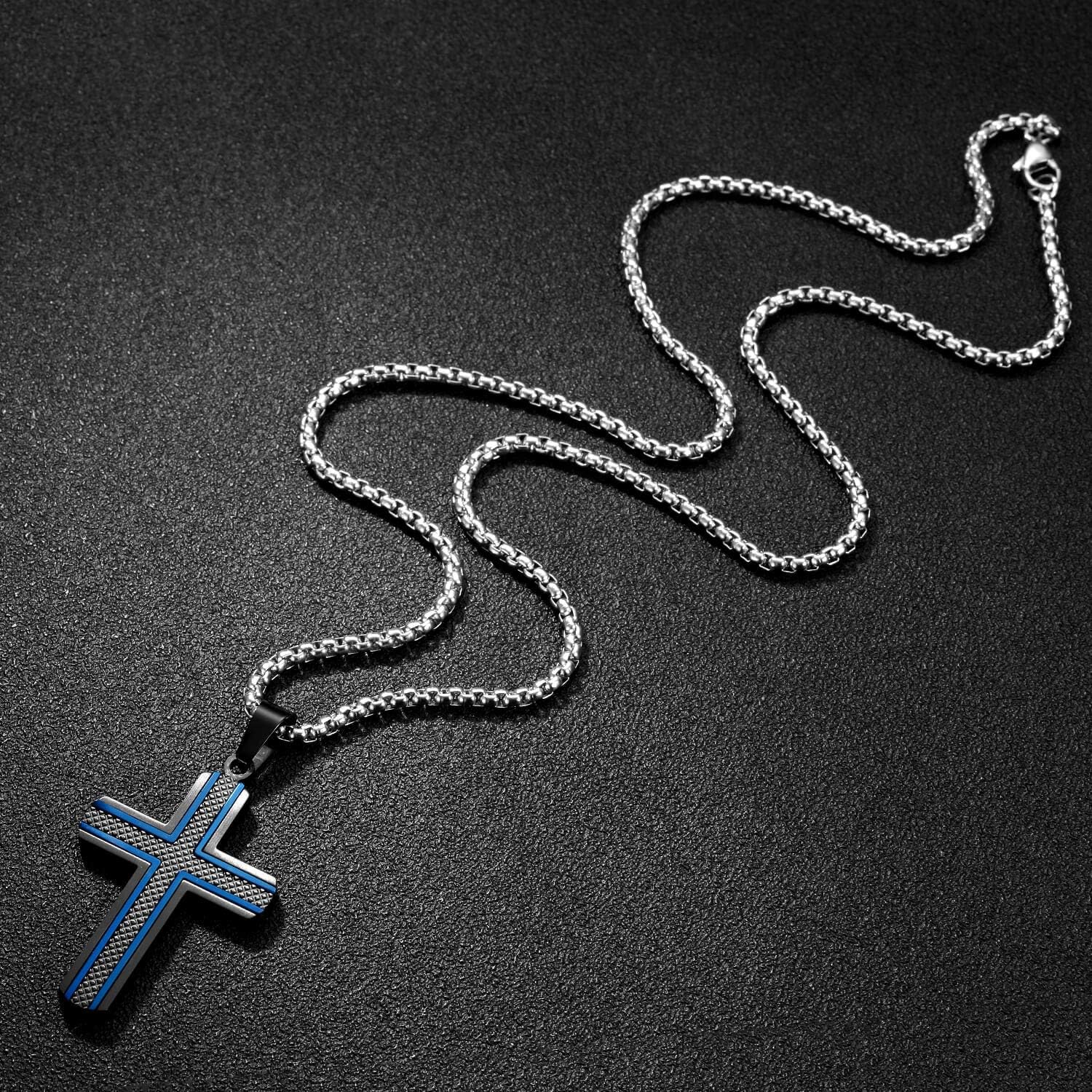 Men'S Stainless Steel Cross Necklace,Two-Tone Black & Blue Carbon Fiber Pendant - Included Gift Box