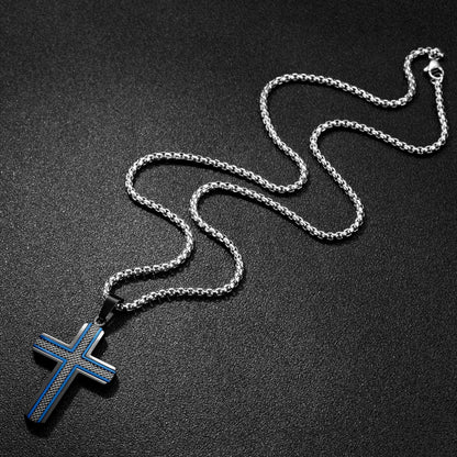 Men'S Stainless Steel Cross Necklace,Two-Tone Black & Blue Carbon Fiber Pendant - Included Gift Box