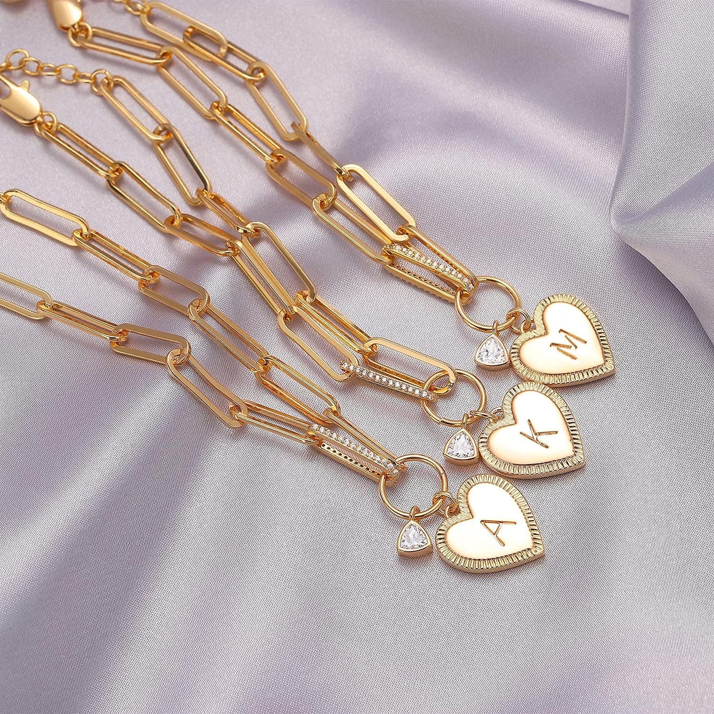 Gold Paperclip Bracelet, 18K Gold Plated Heart Initial Oval Link Bracelet Dainty Handmade Letter Charm Bracelet for Women Jewelry