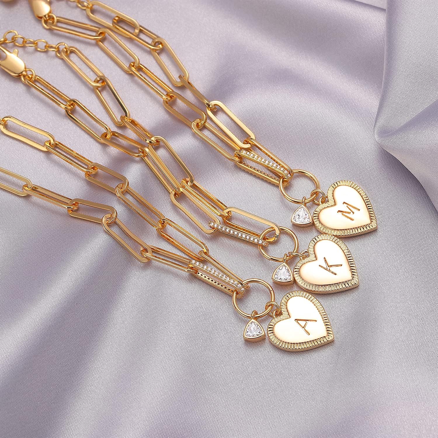 Gold Paperclip Bracelet, 18K Gold Plated Heart Initial Oval Link Bracelet Dainty Handmade Letter Charm Bracelet for Women Jewelry