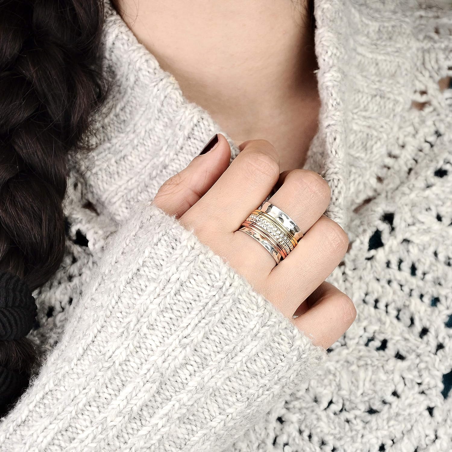 925 Sterling Silver Spinner Ring with Brass and Copper Fidget Rings for Women Wide Band
